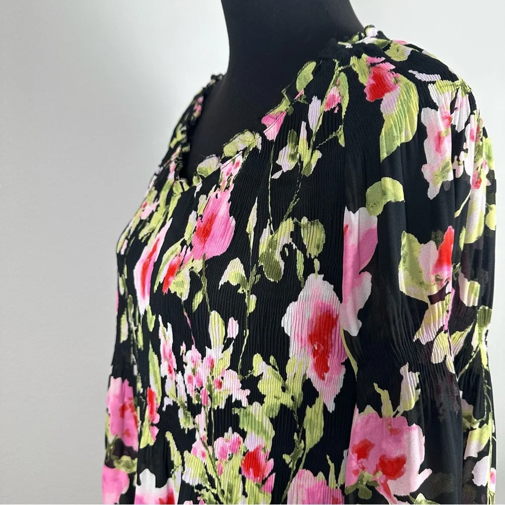 Floral & Ivy Floral Top Sz Large Sheer Pleated Stretch Flare Sleeve Peasant Boho - Picture 7 of 14